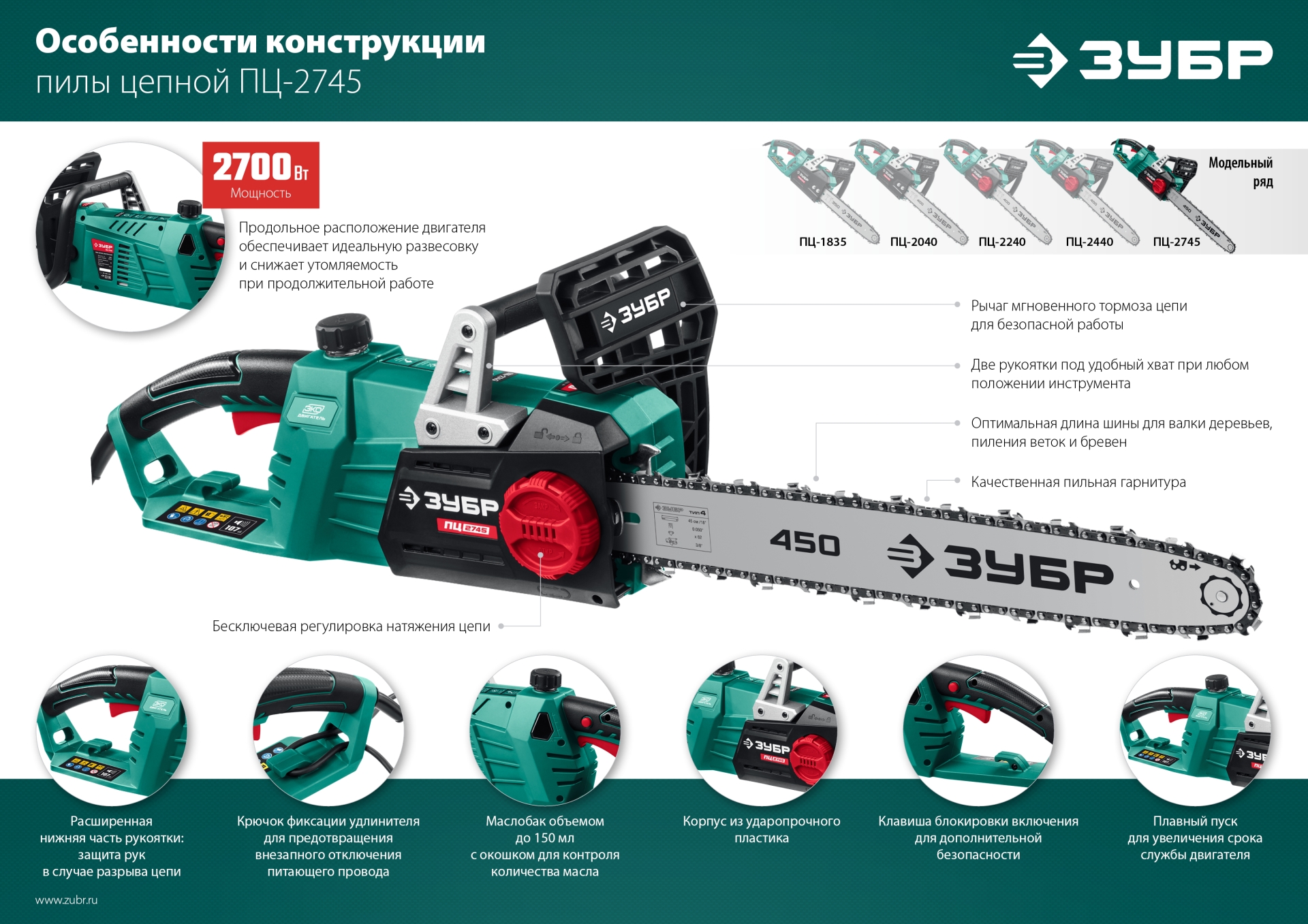 ЗУБР 2700 Вт, 45 см шина, электрическая цепная пила (ПЦ-2745)