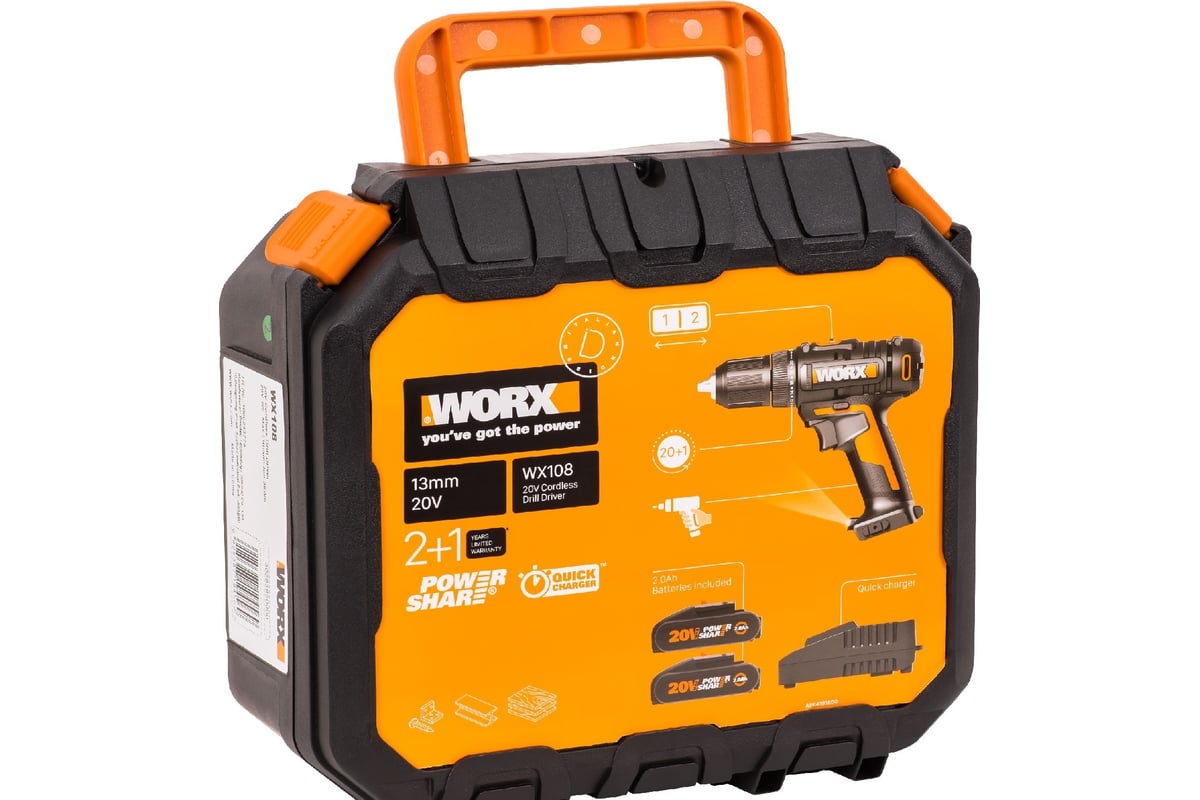 Дрель-шуруповерт аккумуляторная WORX WX108, 45Нм, 20В, 2Ач x2, ЗУ 2А, кейс
