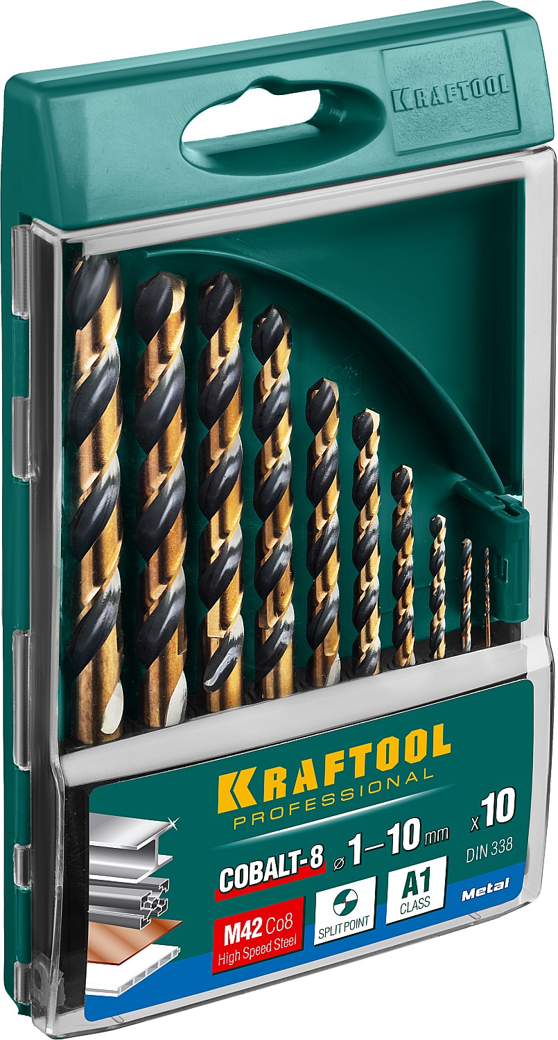 KRAFTOOL Cobalt, 10 шт, (1-10 мм), сталь М42, HSS-Co(8%), набор сверл по металлу (29656-H10)