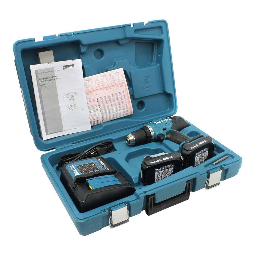 Шуруповерт аккумуляторный Makita DDF453SYE + набор сверел D-20769+очки PGW-180110/CLEAR+перчатки PGH-160350-L