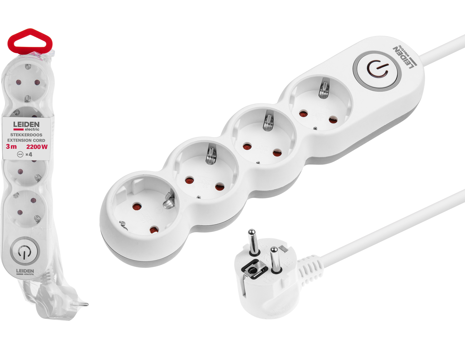 Удлинитель 3м (4 роз., 2,2кВт, с/з, выкл, ПВС 3х0,75) LEIDEN ELECTRIC