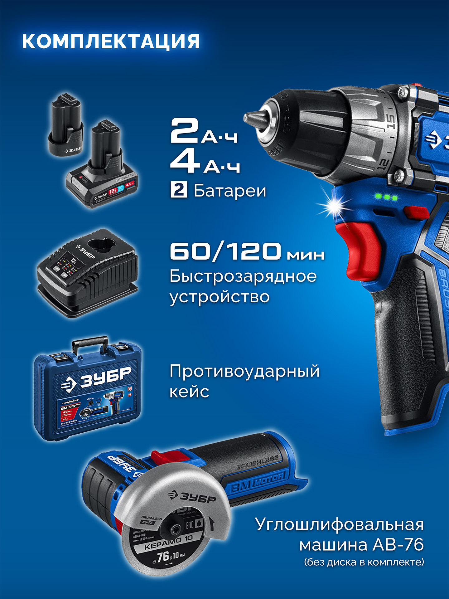 ЗУБР КОМПАКТ #5, набор: дрель-шуруповерт + мини УШМ, BRUSHLESS, 12 В, 45 Н·м, 2 АКБ тип Т7 (4 и 2 А·ч), кейс, Профессионал (DB-121-42AB)