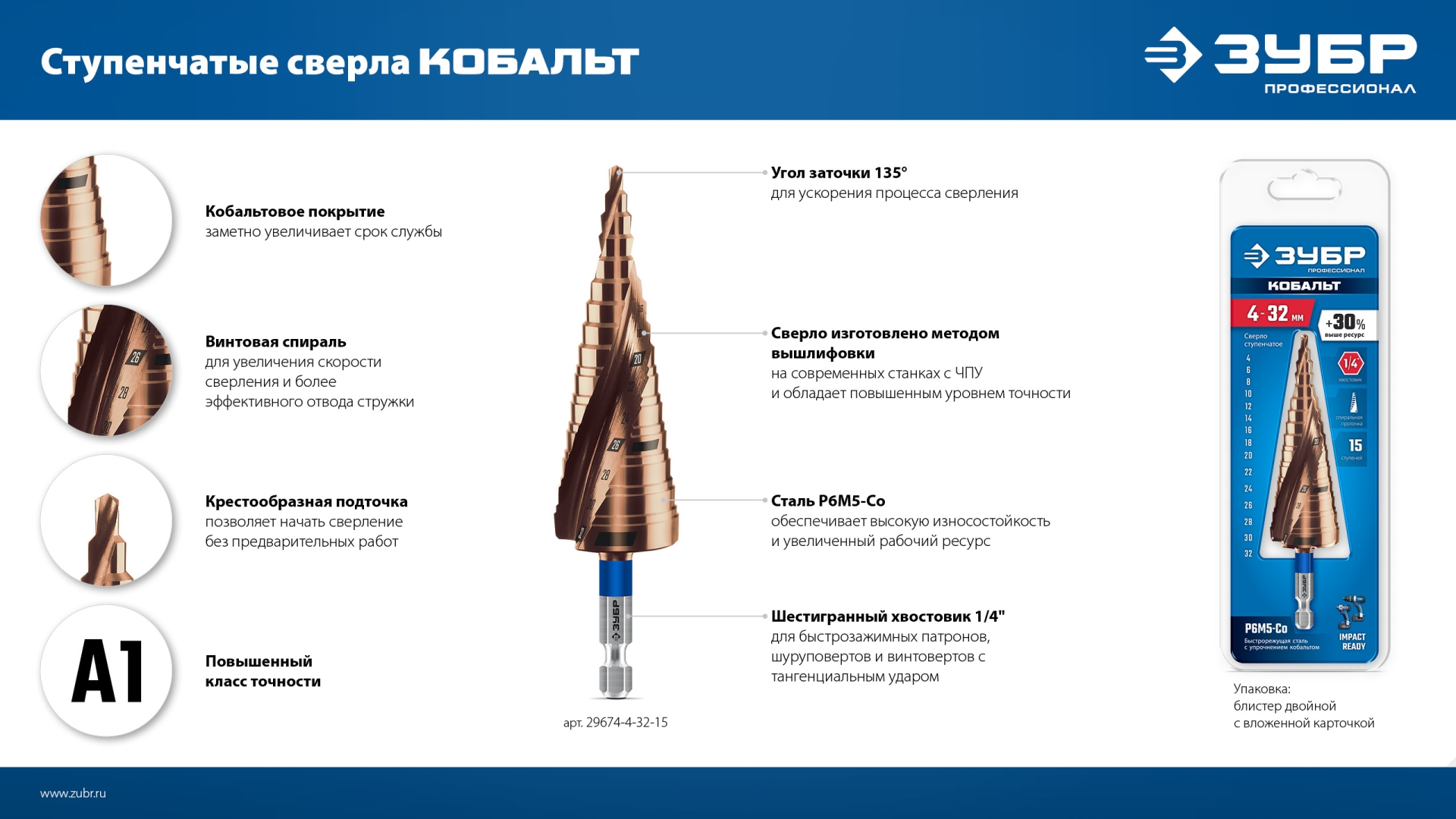 ЗУБР КОБАЛЬТ 3 шт, 4-32мм, винтовая проточка, набор ступенчатых сверл, ПРОФЕССИОНАЛ (29674-4-32-H3)