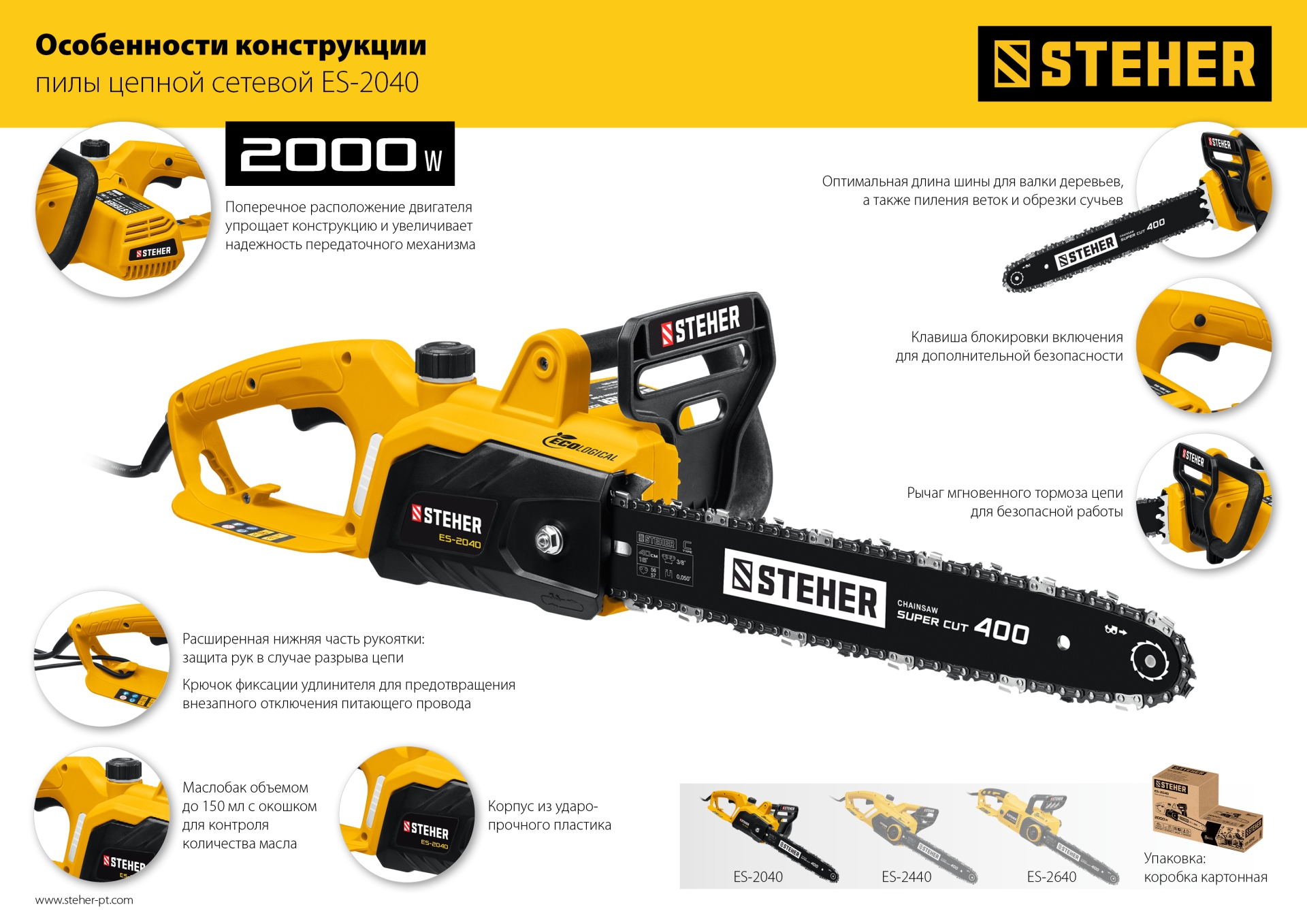 STEHER 2000 Вт, 40 см шина, электрическая цепная пила (ES-2040)