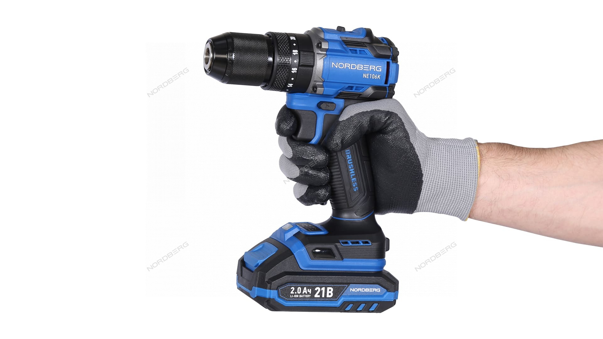 Шуруповерт аккумуляторный макс.диам. сверла 13 мм, 21 В, 70 Нм с 2 аккумуляторами и зарядным уст-вом NORDBERG NE106K