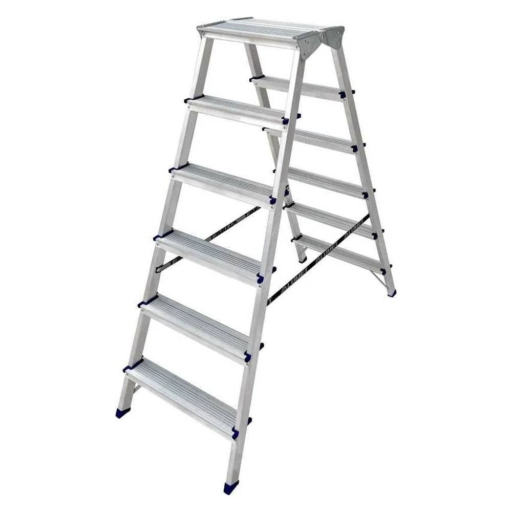 Стремянка алюминиевая двухсторонняя Алюмет с широкой верхней ступенькой