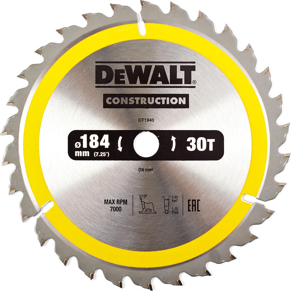 Диск пильный DeWalt твердосплавный 184х16 мм, 30 зубьев констракшн/CONSTRUCTION DT1940