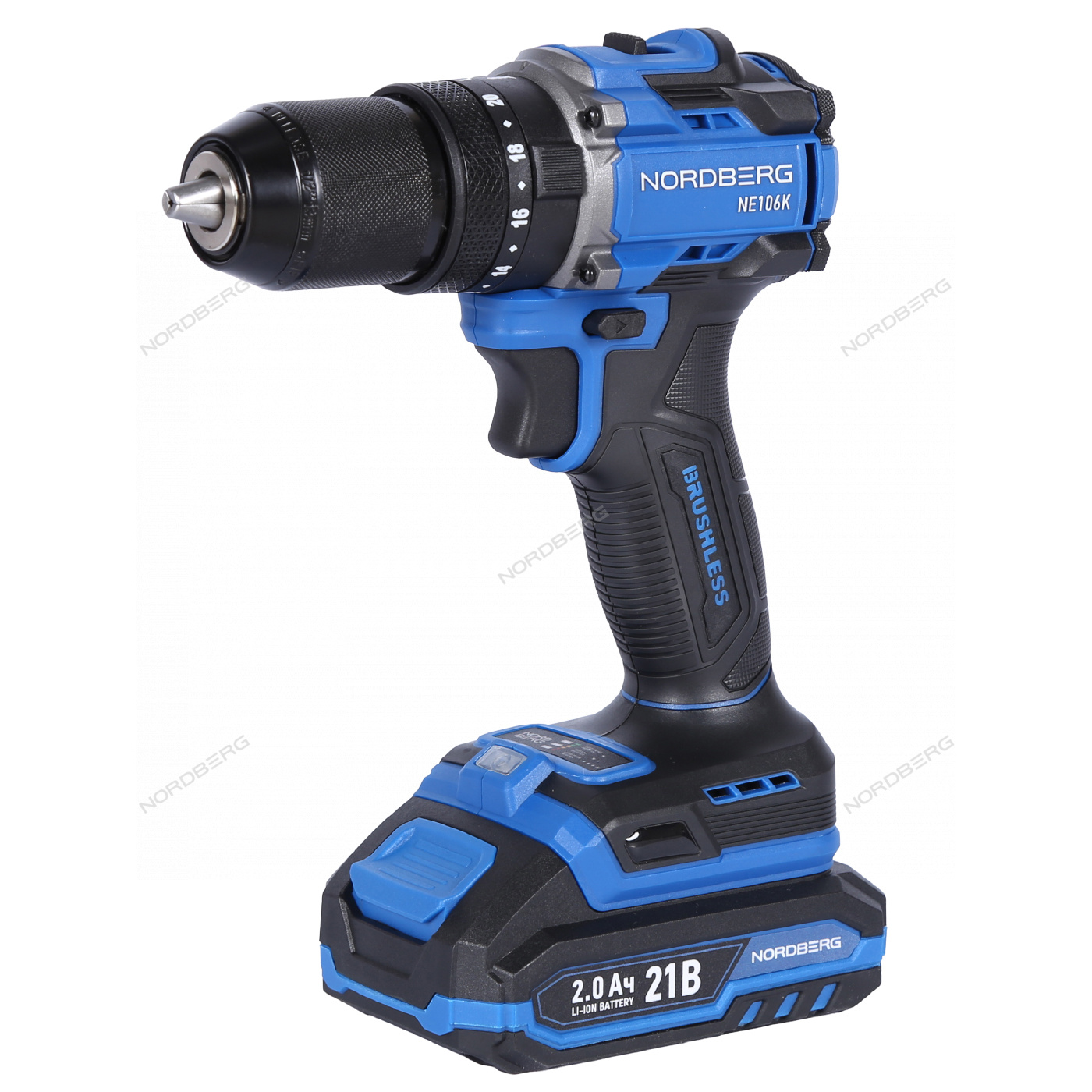 Шуруповерт аккумуляторный макс.диам. сверла 13 мм, 21 В, 70 Нм с 2 аккумуляторами и зарядным уст-вом NORDBERG NE106K