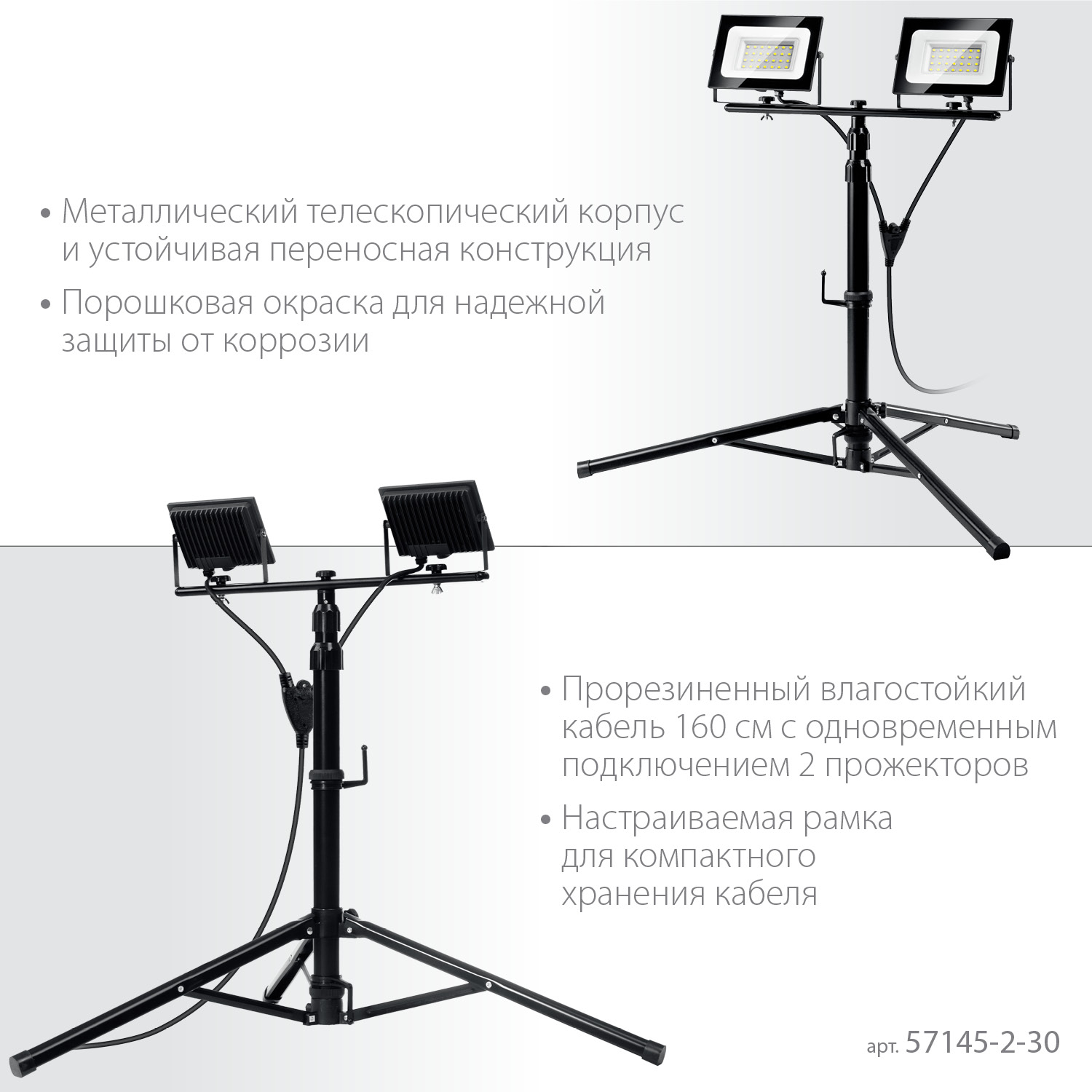 ЗУБР ПСК 30х2, 2 х 30 Вт, 6500 К, IP 65, 1.6 м, светодиодные прожекторы на штативе, Профессионал (57145-2-30)