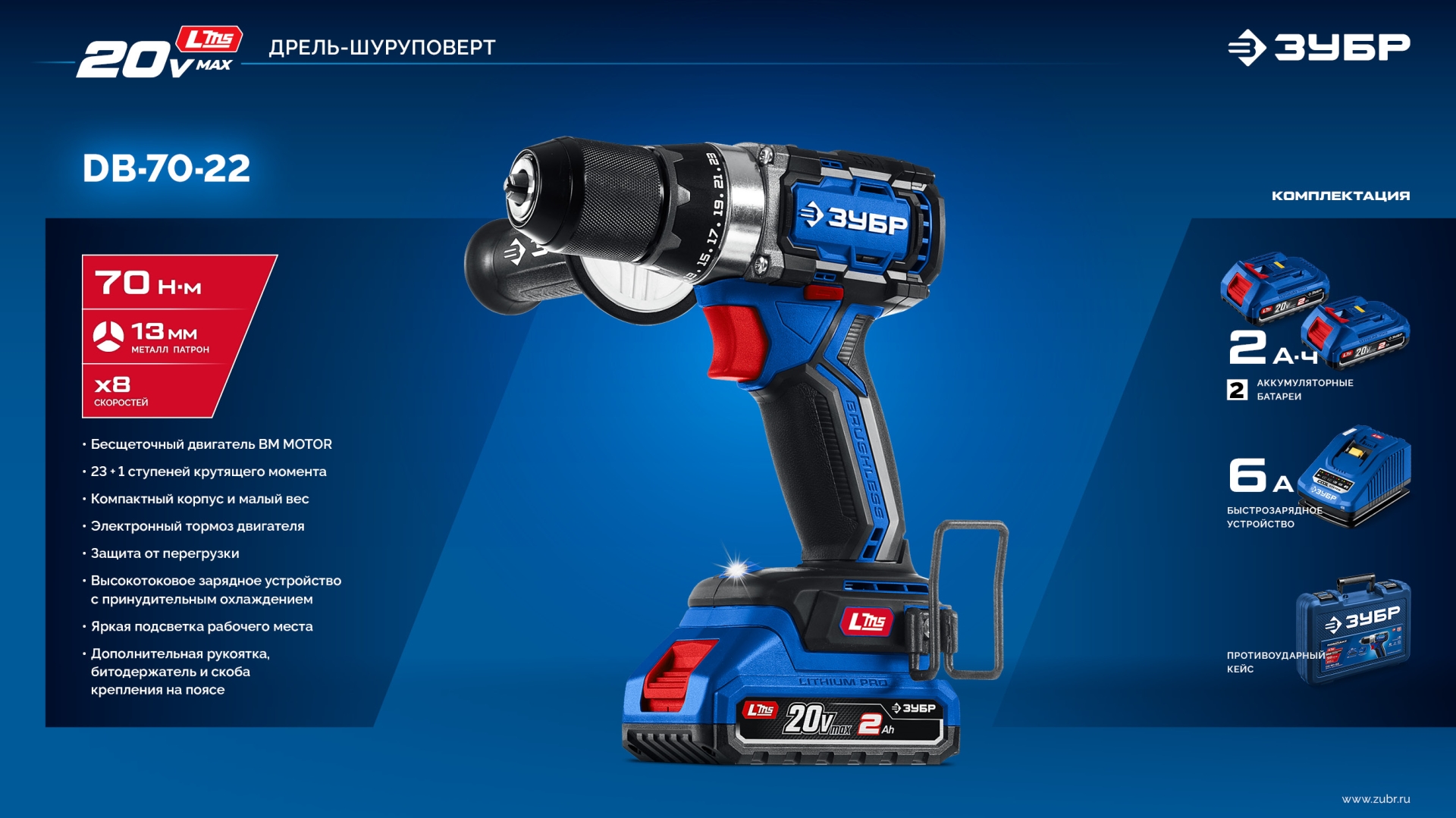 ЗУБР 20 В, 70 Н·м, 2 АКБ LMS (2 А·ч), бесщеточная дрель-шуруповерт, кейс, ПРОФЕССИОНАЛ (DB-70-22)