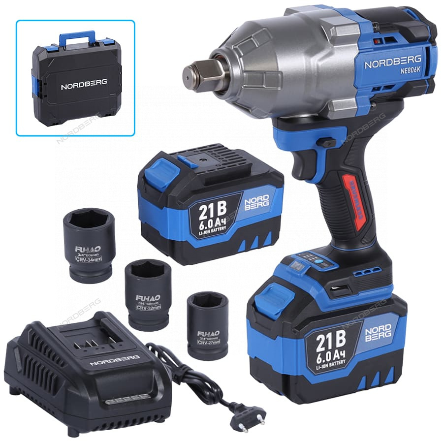 Гайковерт аккумуляторный, 3/4", 21 В, 1500 Нм, 2 аккумулятора 6 A и зарядное устройство, в кейсе  NORDBERG NE806K-3/4