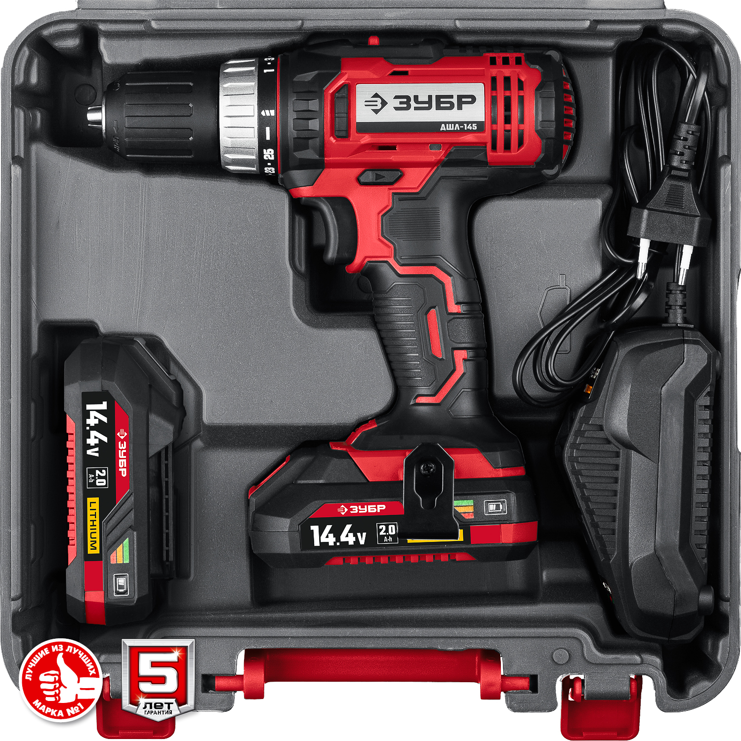 ЗУБР С1, 14.4 В, 35 Н·м, 2 АКБ (2 А·ч), дрель-шуруповерт, кейс (ДШЛ-145-22)