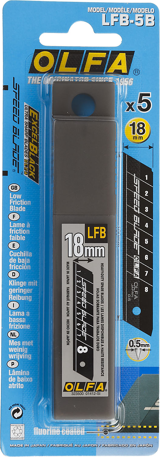 OLFA 18 мм, 5 шт, в пластиковом кейсе + блистер, тефлоновые сегментированые лезвия (OL-LFB-5B)