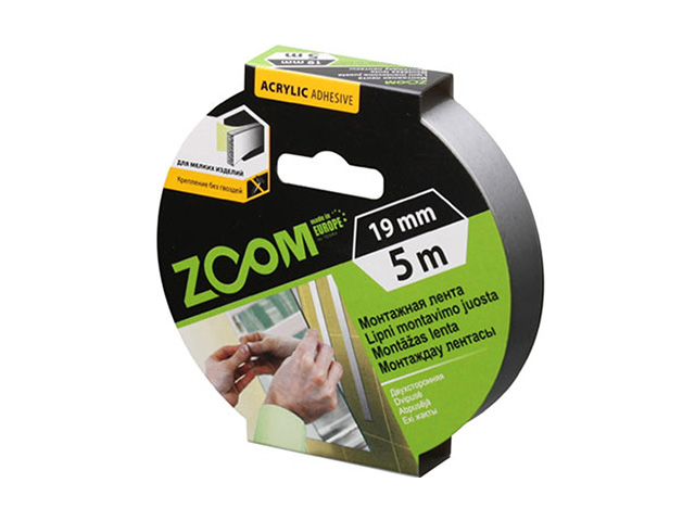 Лента двухсторонняя монтажная клейкая  ZOOM (пеновая) 19ммх5м (Белая) (02-5-3-201)