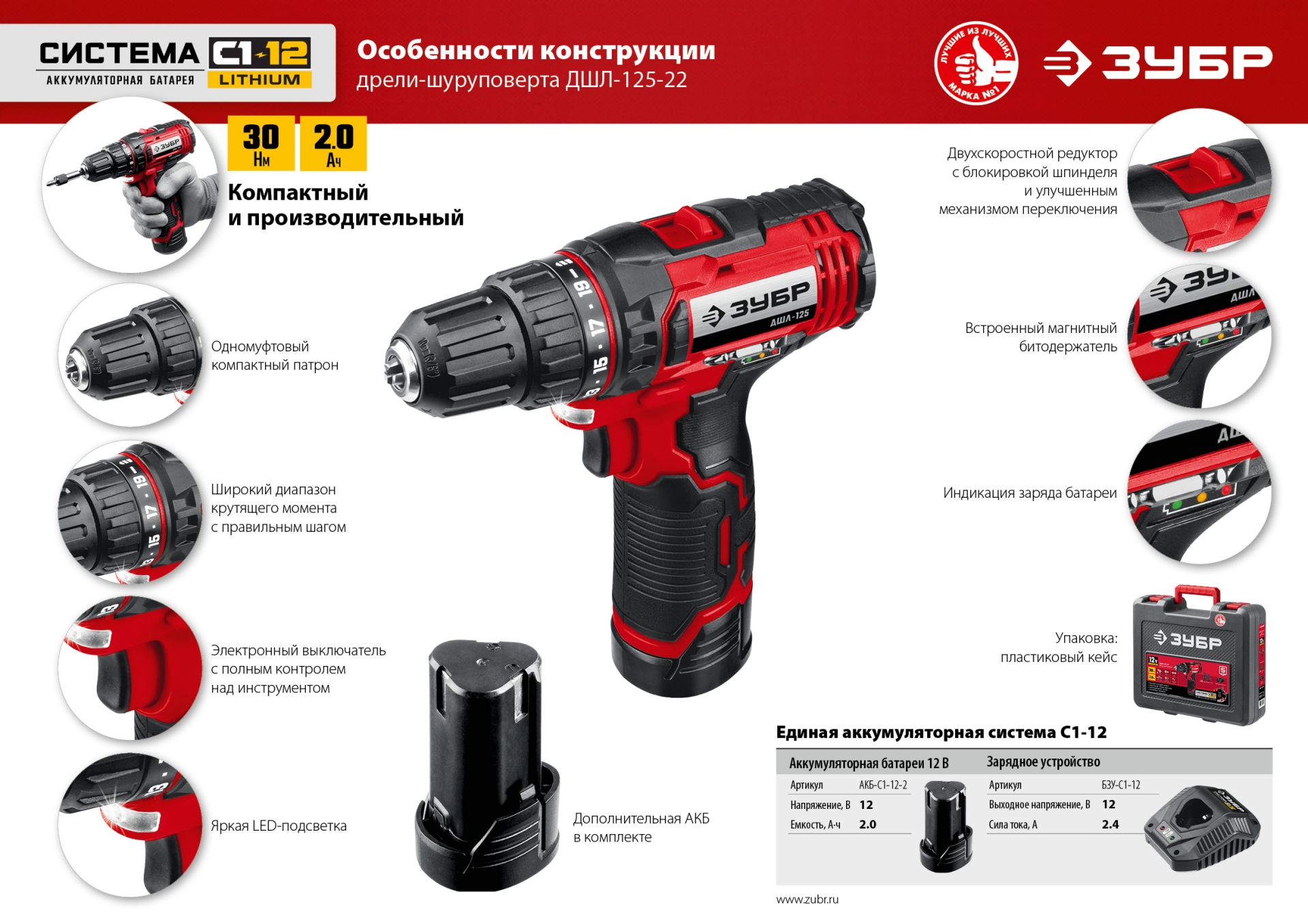 ЗУБР С1-12, 12 В, 30 Н·м, 2 АКБ (2 А·ч), дрель-шуруповерт, кейс (ДШЛ-125-22)