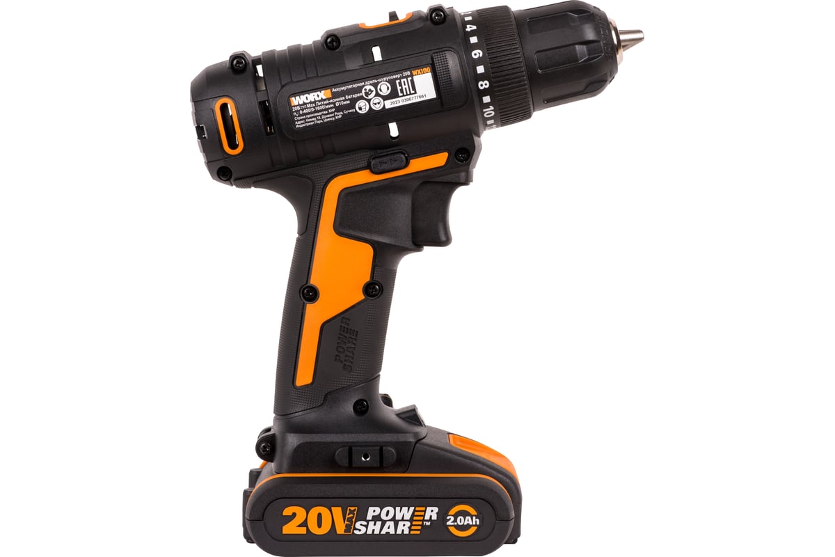 Дрель-шуруповерт аккумуляторная WORX WX100.2, 20В, 2Ач х2, ЗУ 0,4А, сумка