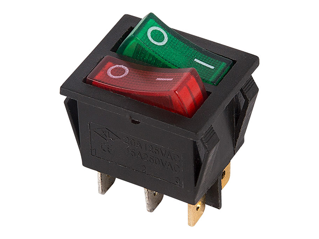 Выключатель клавишный 250V 15А (6с) ON-OFF красный/зеленый с подсветкой ДВОЙНОЙ (RWB-511) REXANT (36-2450)