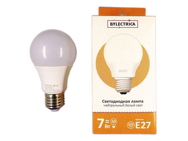 Лампа светодиодная A60 СТАНДАРТ 7 Вт 170-240В E27 4000К BYLECTRICA (45 Вт аналог лампы накал., 575Лм, нейтральный белый свет) (ЛС-7-220-Е27(4,0))