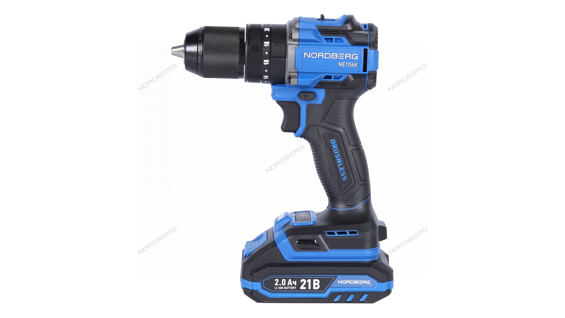 Шуруповерт аккумуляторный макс.диам. сверла 13 мм, 21 В, 70 Нм с 2 аккумуляторами и зарядным уст-вом NORDBERG NE106K
