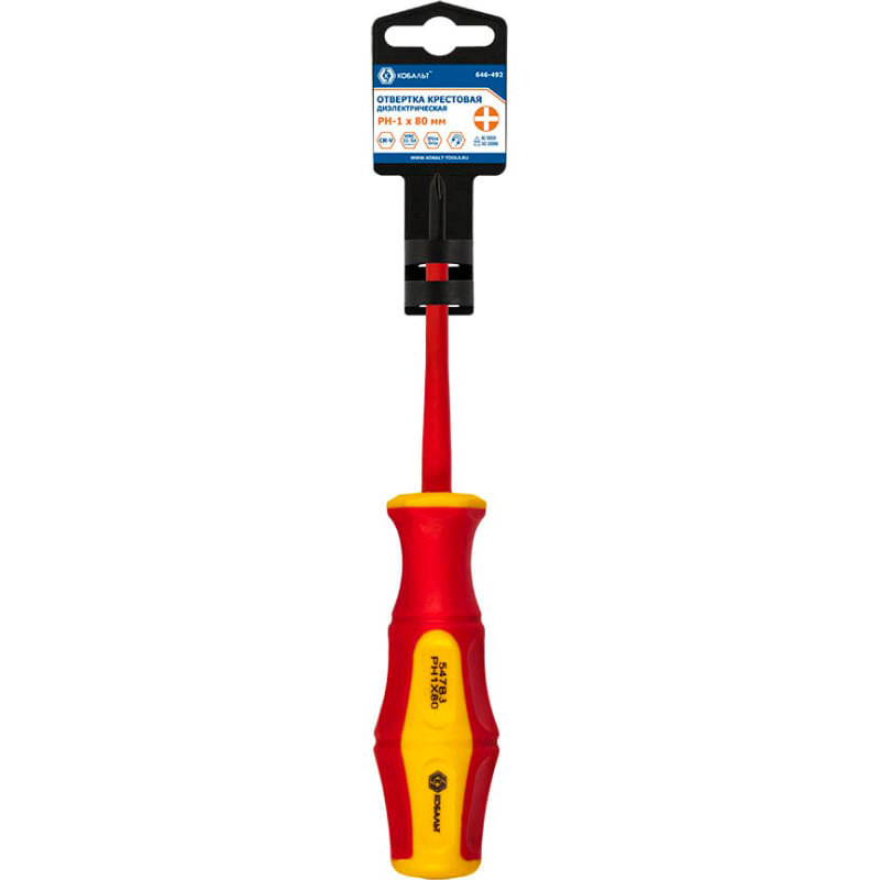 Отвертка диэлектрическая КОБАЛЬТ Ultra Grip PH-1 х 80 мм CR-V, двухкомпонентная рукоятка (1 шт.) подвес