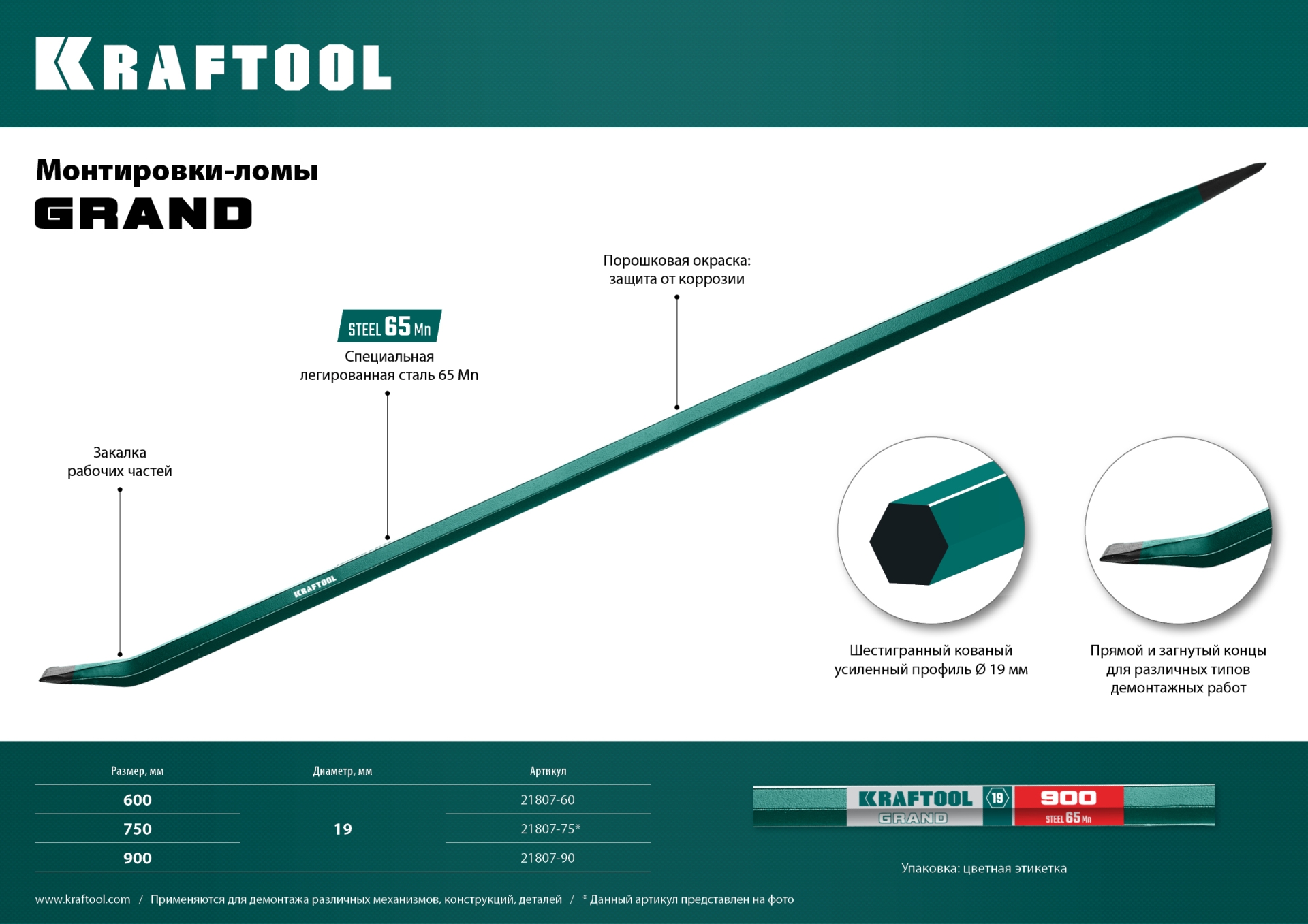 KRAFTOOL 750 мм, 19 мм, монтажный лом (21807-75)