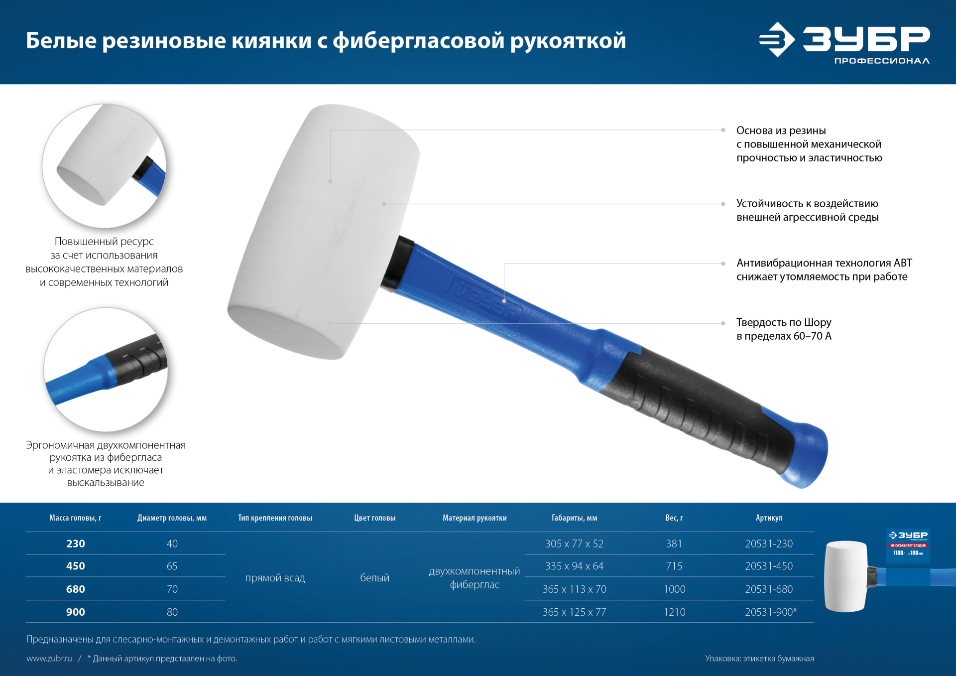 ЗУБР 900 г, белая, резиновая киянка, Профессионал (20531-900)
