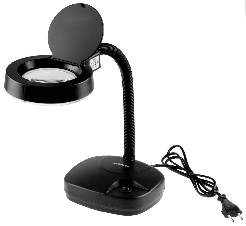STAYER MagPro, 3-х/8-ми кратное увеличение, с подсветкой, питание от сети 220В, на гибком штативе, лупа, Professional (40531)