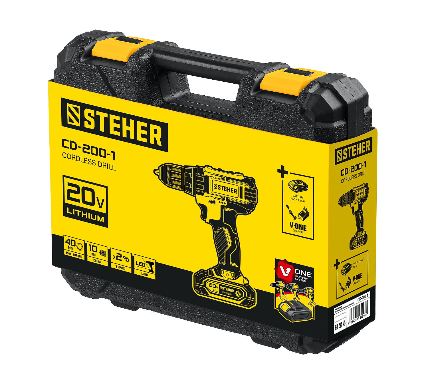 STEHER V1, 20 В, 40 Н·м, 1 АКБ (2 А·ч), дрель-шуруповерт, кейс (CD-200-1)