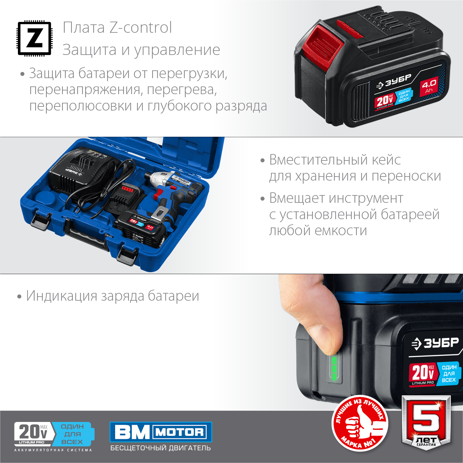ЗУБР Т7, 20 В, 280 Н·м, 2 АКБ (4 А·ч), бесщеточный винтоверт, кейс, Профессионал (GVB-250-42)
