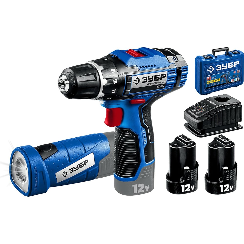 Дрель-шуруповерт + LED фонарь, кейс,DL-121-22F ЗУБР 12 В, 40 Н·м, 2 АКБ тип Т7 (2 А·ч)