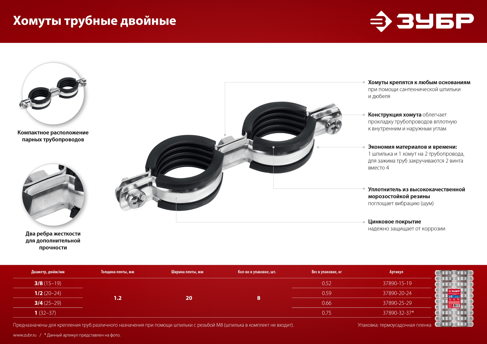 ЗУБР 1″, цинк, 8 шт, двойной трубный хомут (37890-32-37)