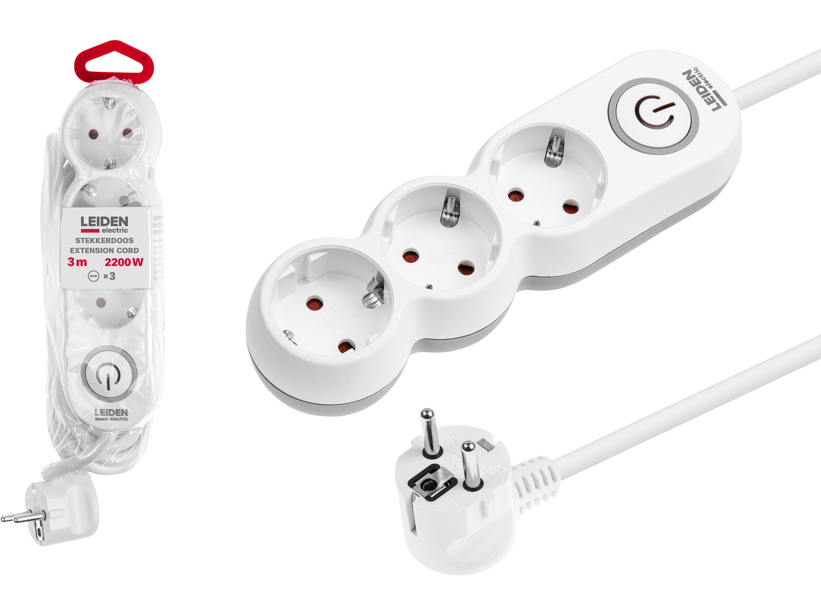 Удлинитель 5м (3 роз., 2,2кВт, с/з, выкл, ПВС 3х0,75) LEIDEN ELECTRIC