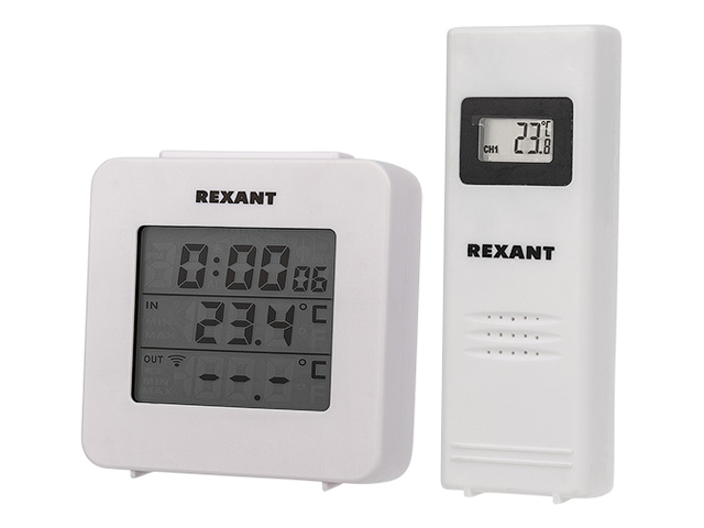 Термометр электронный с часами и беспроводным выносным датчиком REXANT (70-0592)