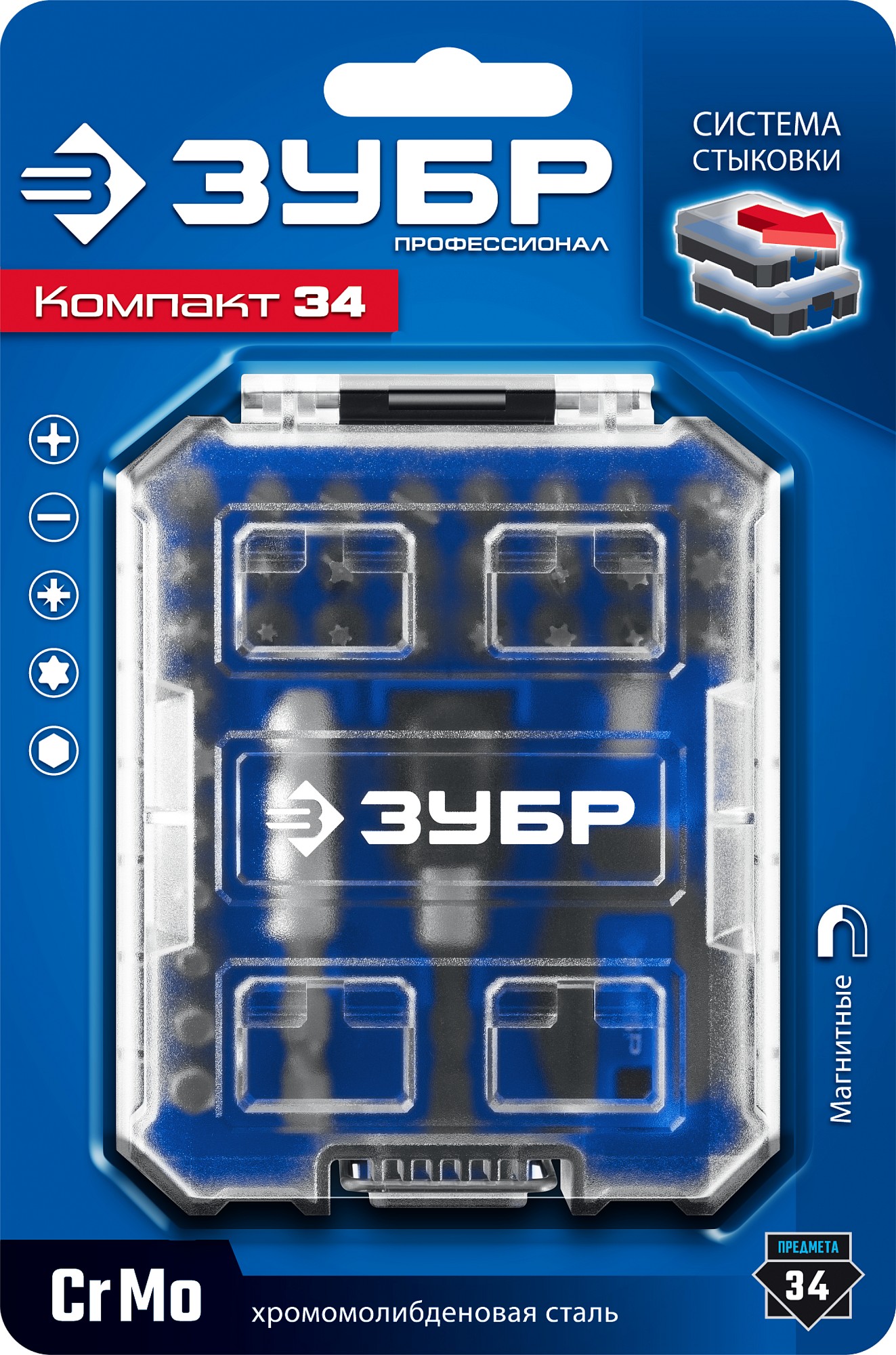 ЗУБР Компакт 34 предм., система стыковки Z-БОКС, набор: отвертка с насадками, Профессионал (25173)