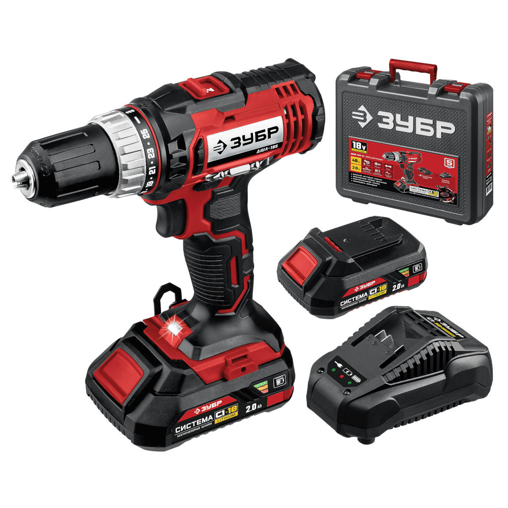 Дрель-шуруповерт ДШЛ-185-22 ЗУБР 18В, 2 АКБ (2Ач), в кейсе