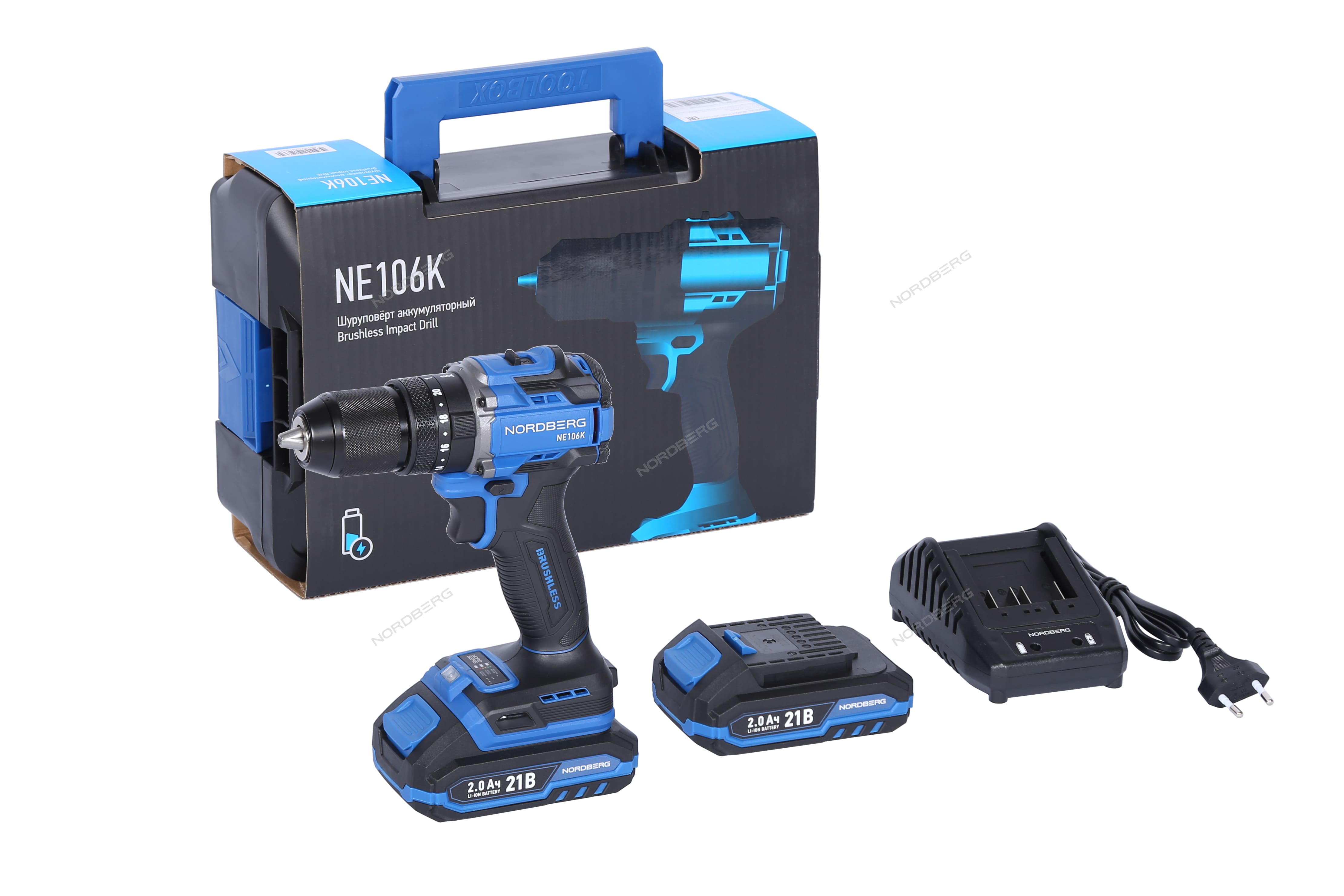 Шуруповерт аккумуляторный макс.диам. сверла 13 мм, 21 В, 70 Нм с 2 аккумуляторами и зарядным уст-вом NORDBERG NE106K
