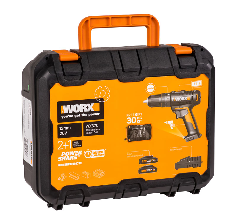 Дрель-шуруповерт ударная аккумуляторная WORX WX370, 50Нм, 20В, 2Ач x2, ЗУ 2А, кейс