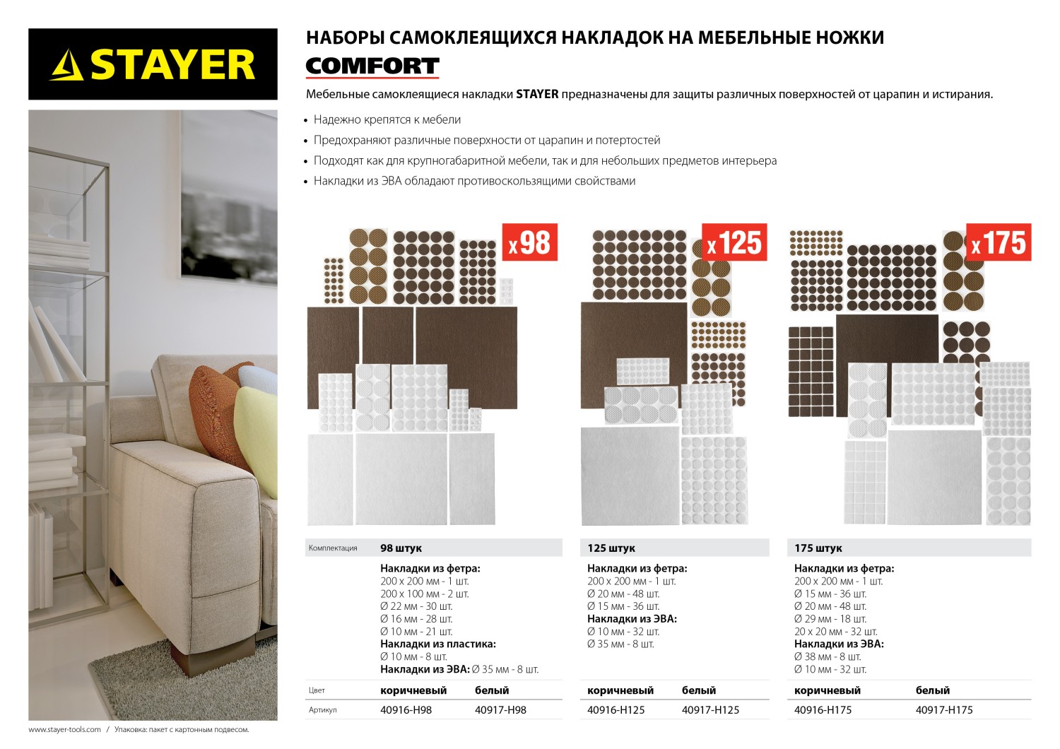 STAYER белые, самоклеящиеся, 125 шт, набор мебельных накладок (40917-H125)