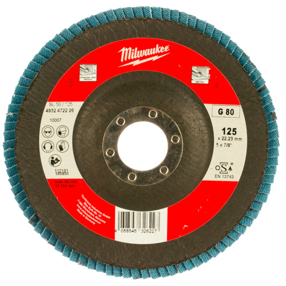 Круг тарельчатолепестковый Milwaukee SL50/125G80 Zirconium 125 мм/зерно 80 (226)