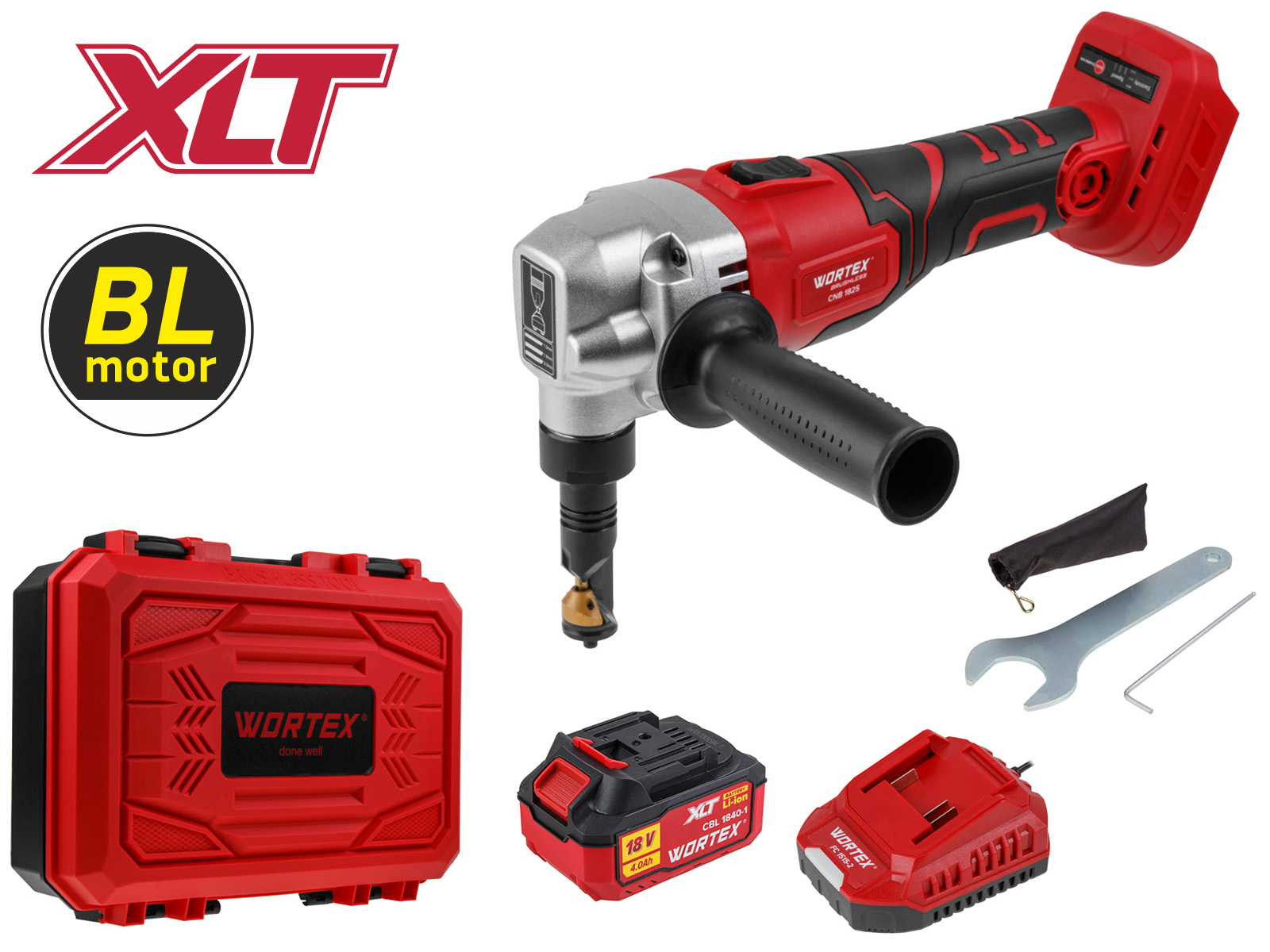 Аккум. ножницы высечные WORTEX CNB 1825 XLT SET БЕСЩЕТ., 18 В, 800-2300 ход/мин, до 2,5 мм, 1х4 А*ч