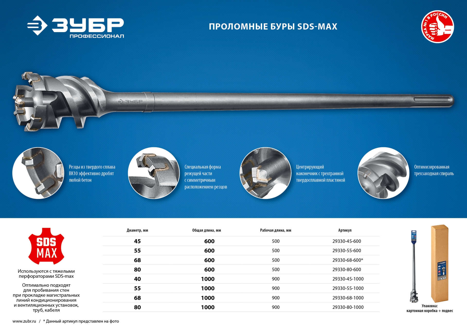 ЗУБР 68 х 900/1000 мм, SDS-max проломной бур, Профессионал (29330-68-1000)