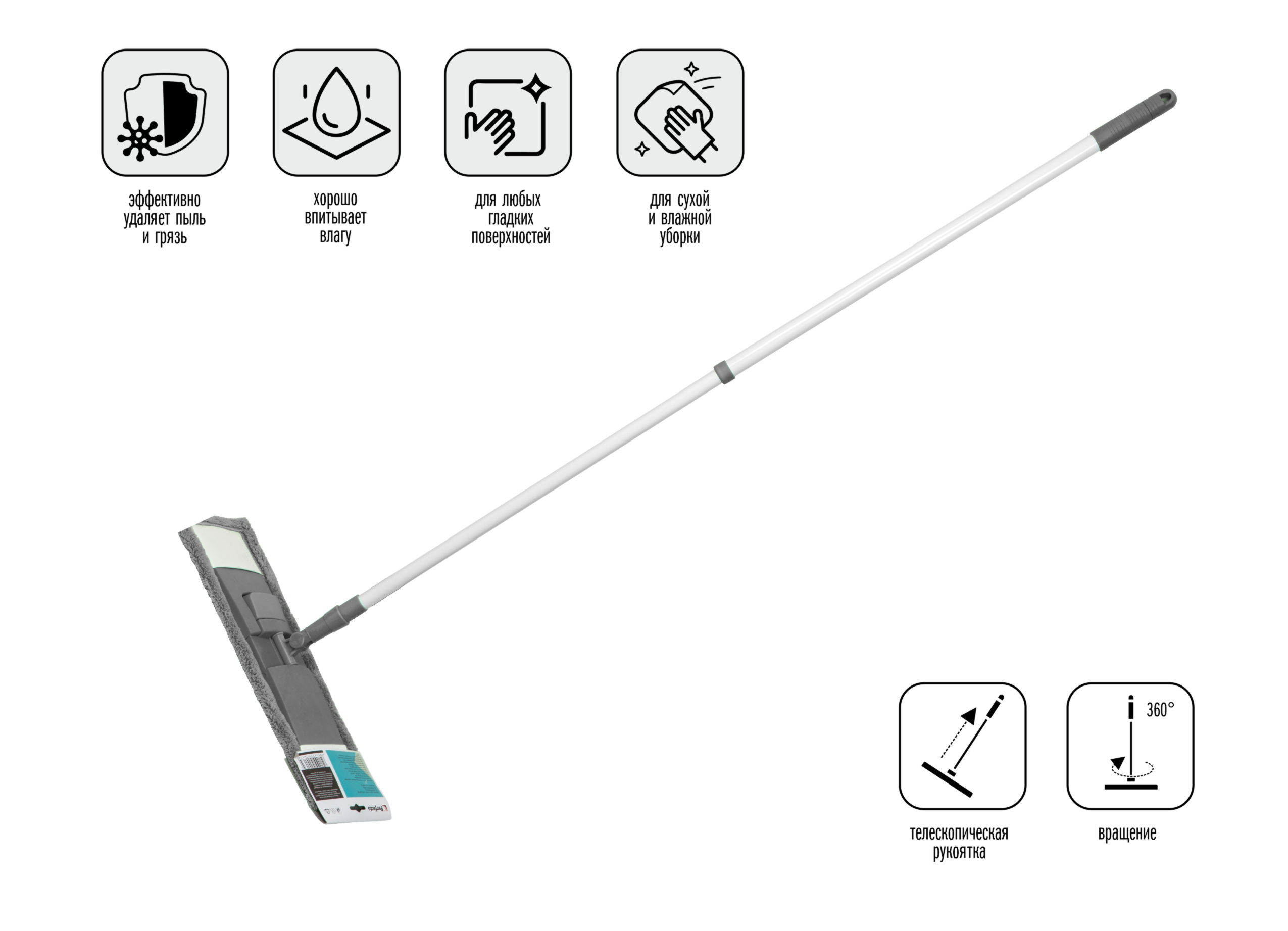 Швабра для пола с насадкой из микрофибры, серая, PERFECTO LINEA