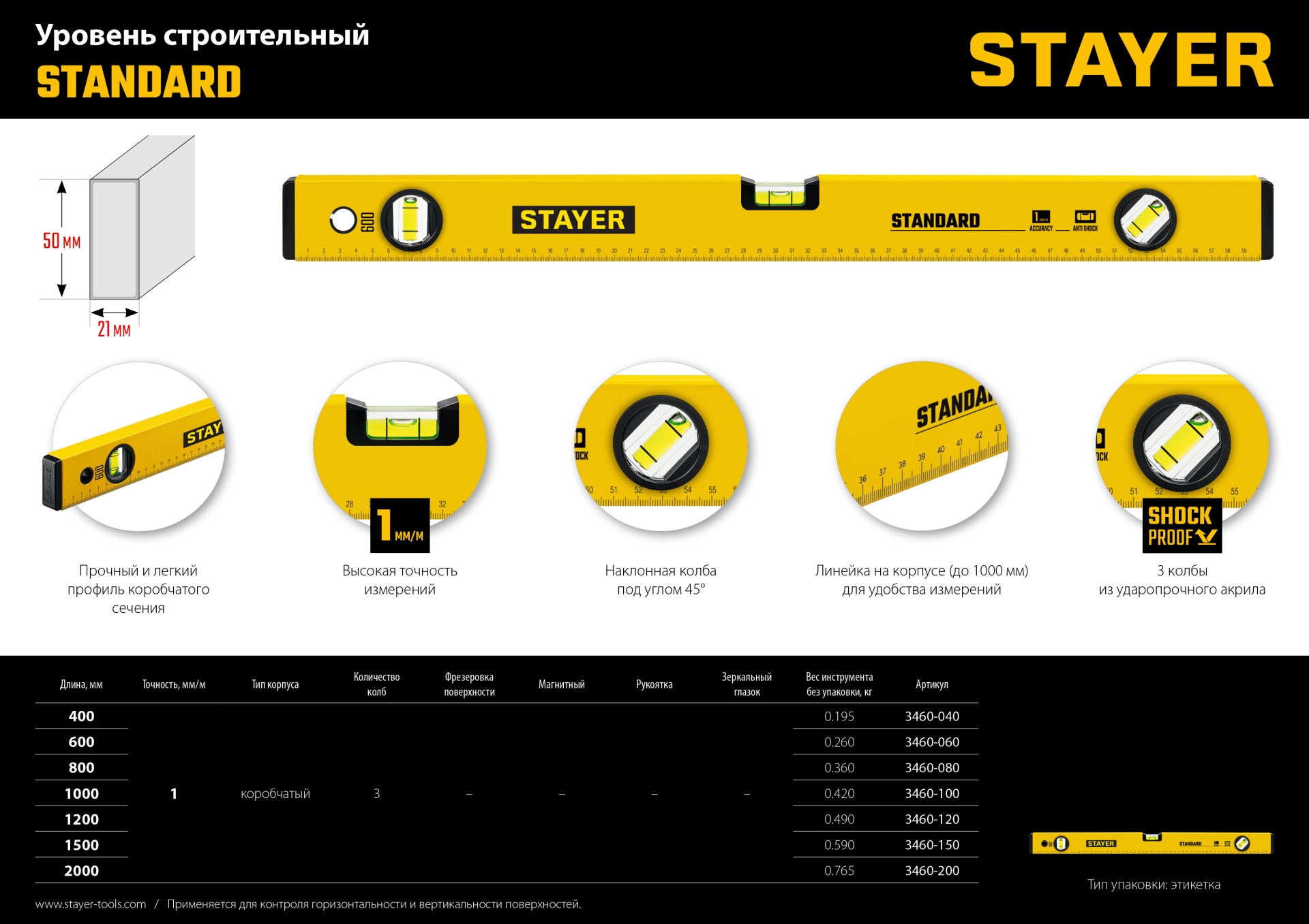 STAYER STANDARD, 800 мм, с линейкой, уровень (3460-080)