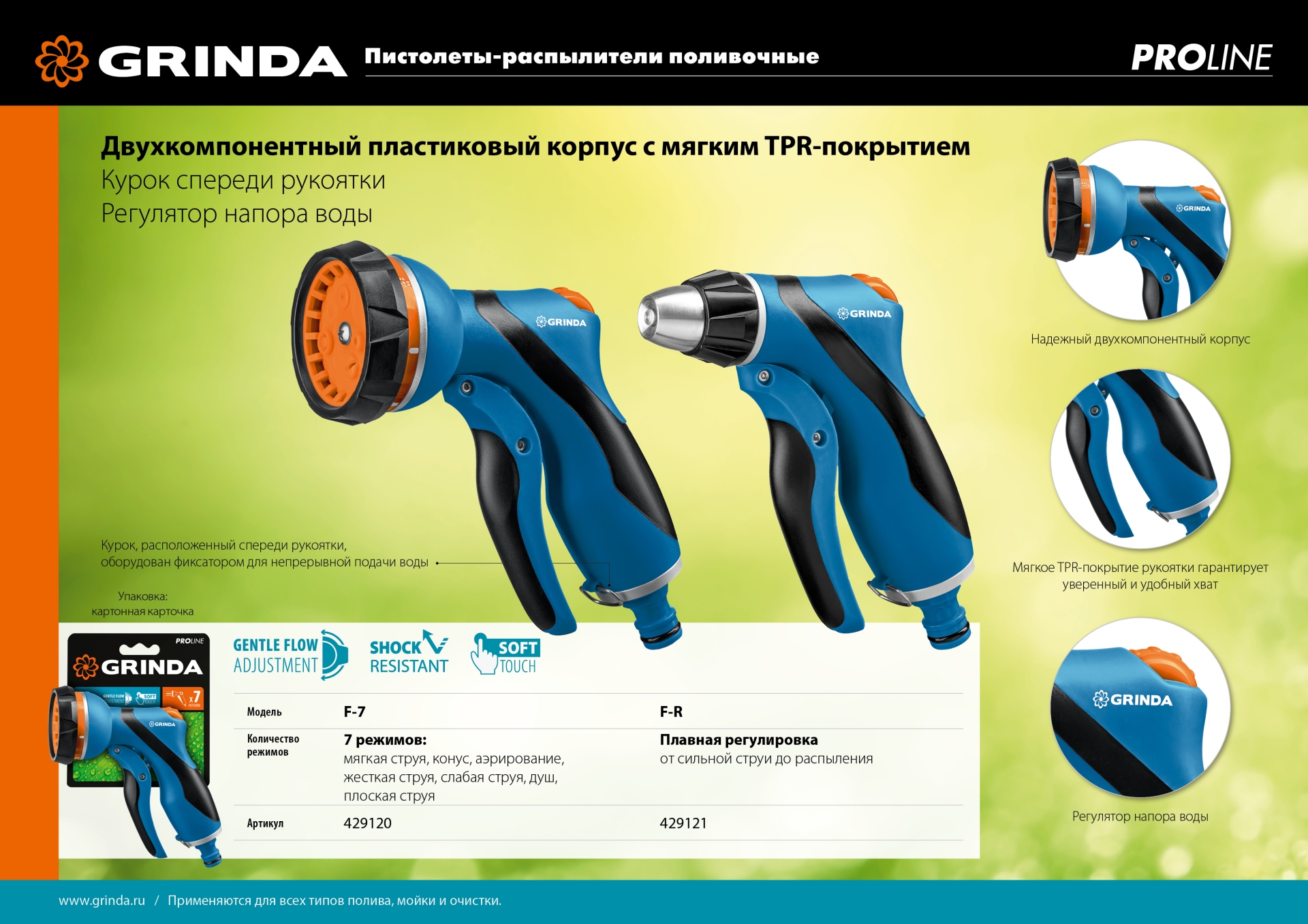 GRINDA F-R, курок спереди, двухкомпонентный, плавная регулировка напора, поливочный пистолет, PROLine (429121)