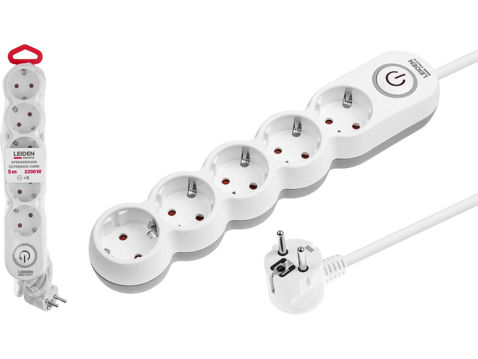 Удлинитель 5м (5 роз., 2,2кВт, с/з, выкл, ПВС 3х0,75) LEIDEN ELECTRIC