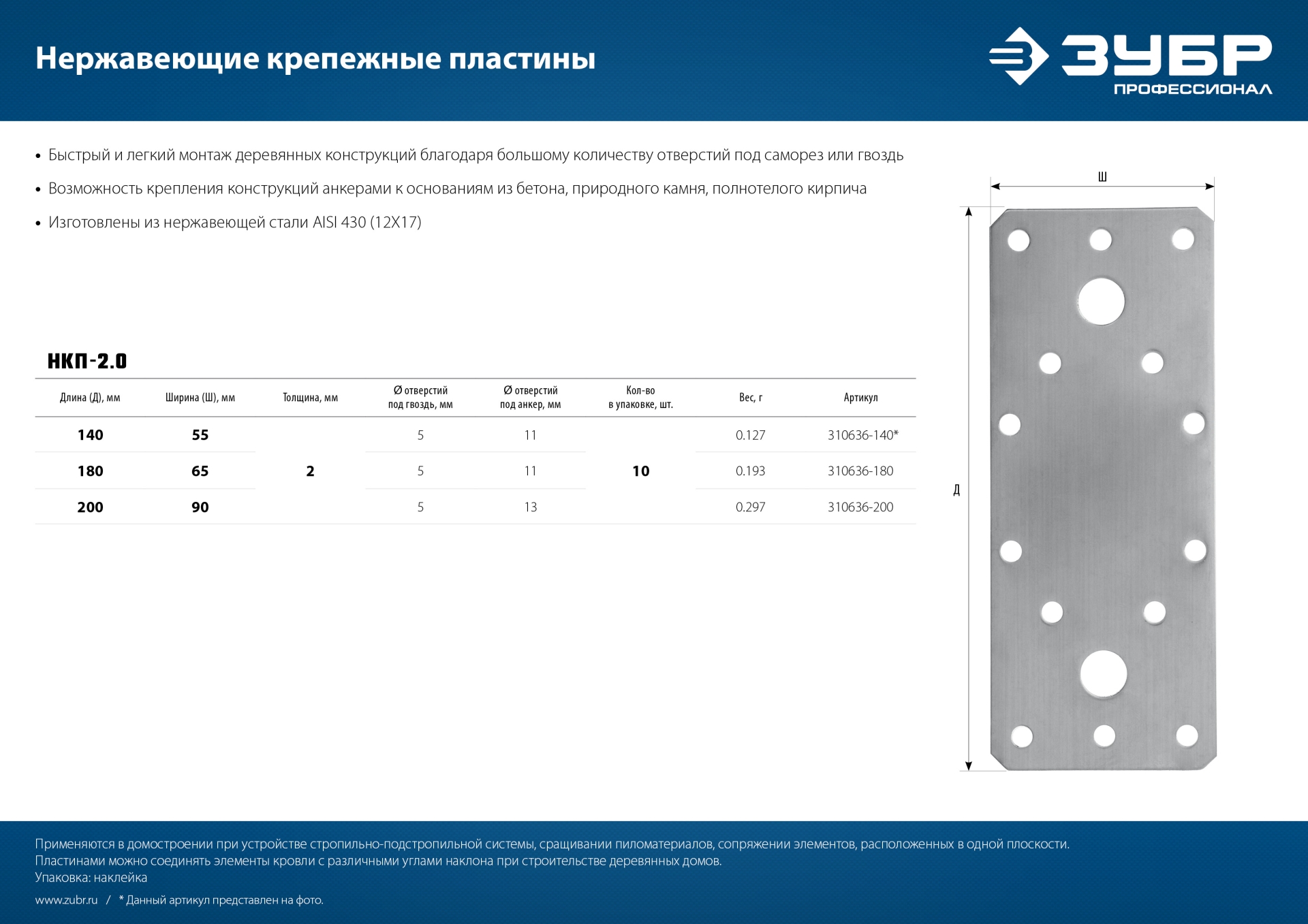 ЗУБР НКП-2.0, 200 x 90 x 2 мм, нержавеющая крепежная пластина, Профессионал (310636-200)