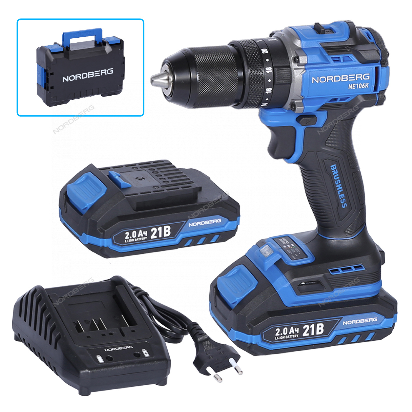 Шуруповерт аккумуляторный макс.диам. сверла 13 мм, 21 В, 70 Нм с 2 аккумуляторами и зарядным уст-вом NORDBERG NE106K