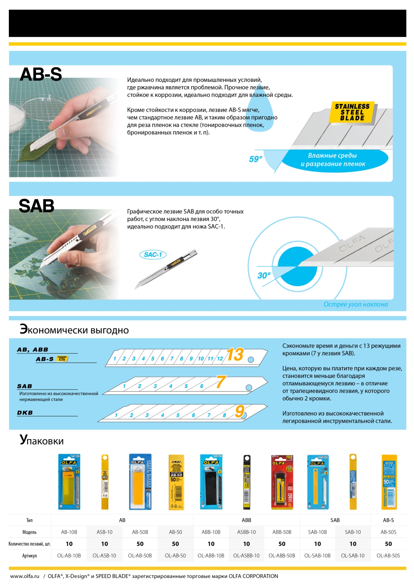 OLFA 9 мм, 50 шт, в пластиковом кейсе + блистер, сегментированные лезвия (OL-AB-50B)