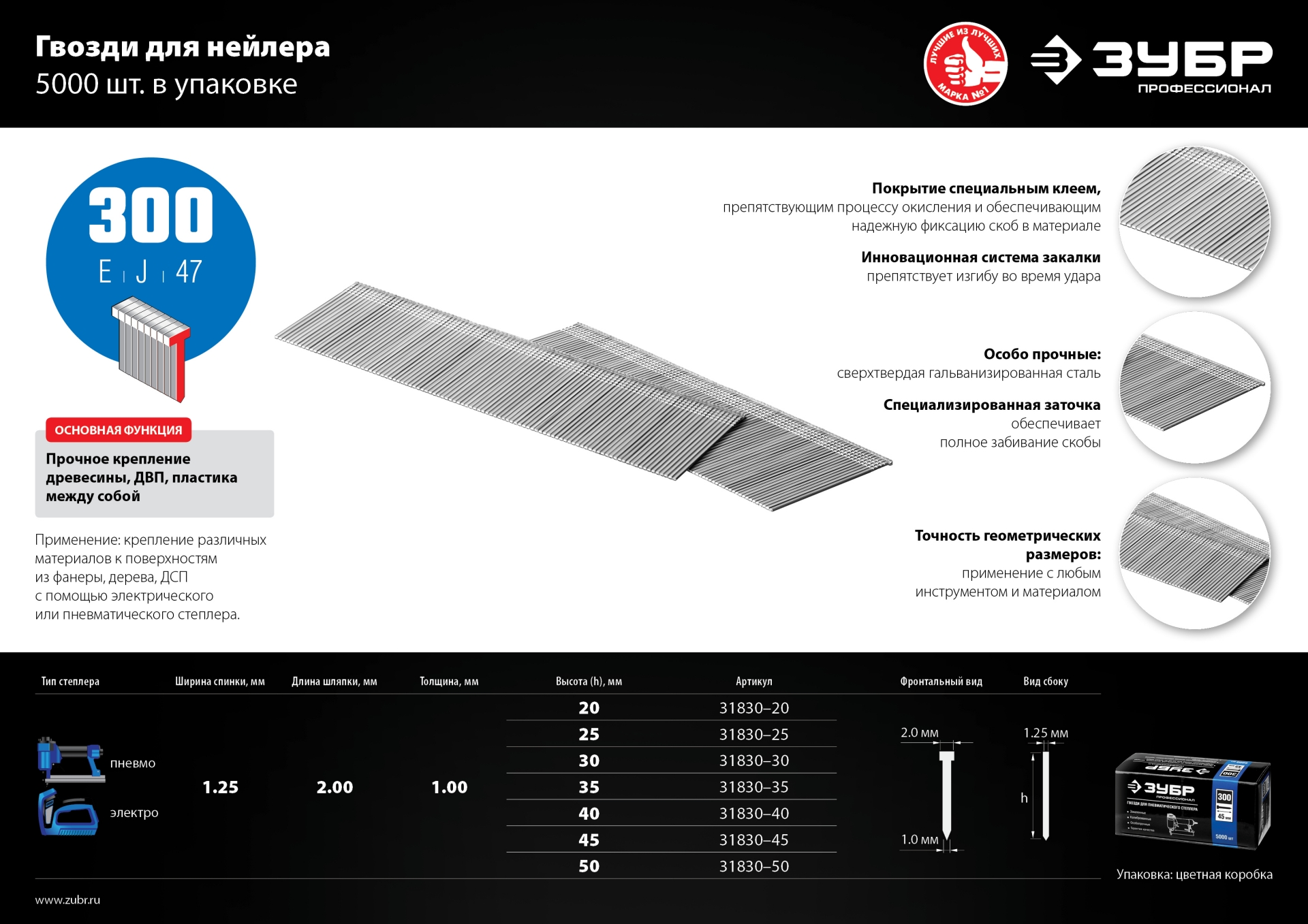 ЗУБР тип 18GA (47/300/F) 30 мм, 5000 шт, гвозди для нейлера, Профессионал (31830-30)