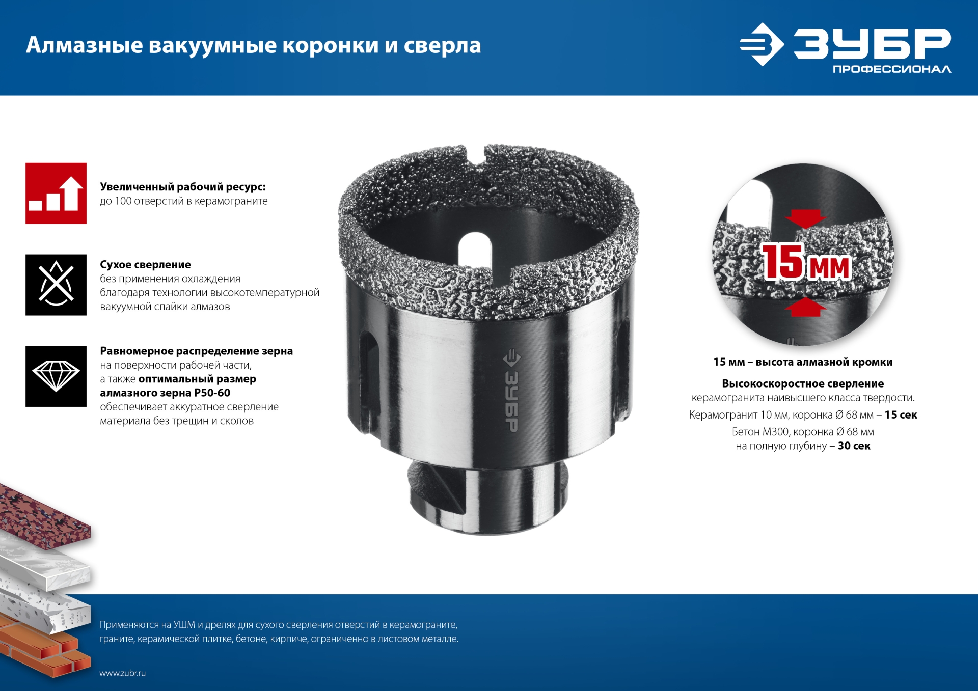 ЗУБР АВК, d 8 мм, (HEX 1/4″, 15 мм кромка), вакуумное алмазное трубчатое сверло, Профессионал (29865-08)